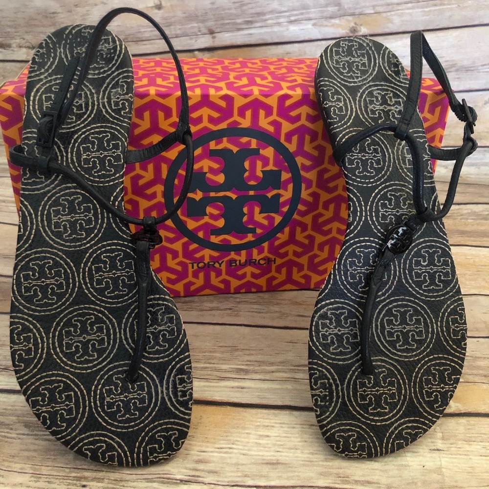 RARE Tory Burch Black Emmy Stitched Thong Ankle Flat Leather Sandal 9 - 28148722